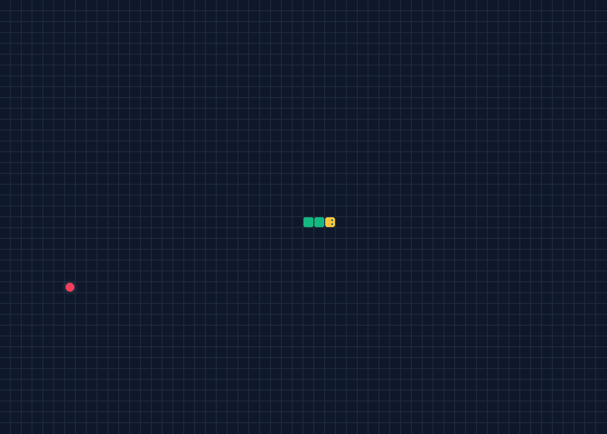 A live WotAI Snake run showing the three-segment snake, grid, and food target
