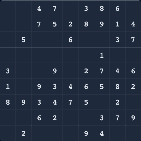 An easy WotAI Sudoku puzzle showing the 9 by 9 grid and starting clues